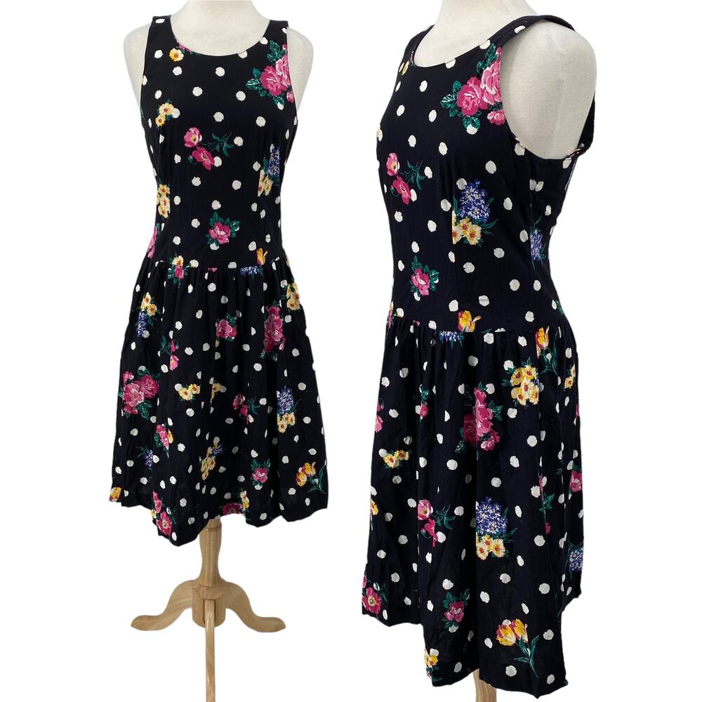 Vintage Lanz Midi Dress Polka Dot Floral Print Drop Waist Fit & Flare Black 4
